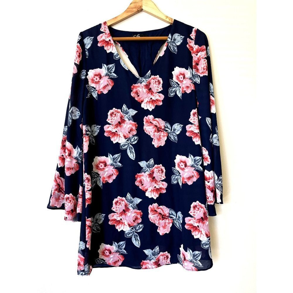 C.Luce Navy Blue Floral 70s Bohomeian Midi Dress M